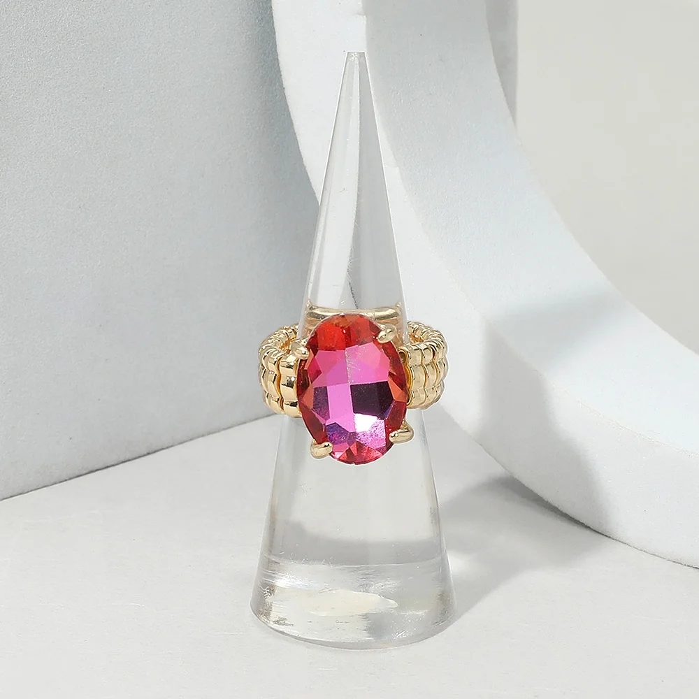 Abalone Hot Pink Oval Cut Crystal Stretch Ring Faceted Fashion Statement Jewelry